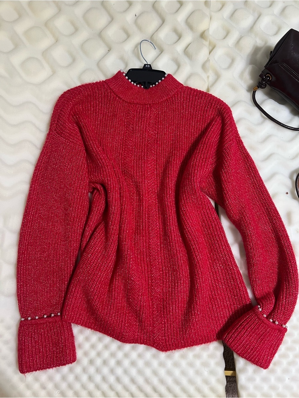 crown & ivy Red Pearl-Trim Ribbed Turtleneck Sweater